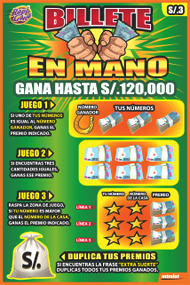<b>BILLETE EN MANO - ¡Gana hasta S/. 120,000!</b><br>Son 3 juegos en uno con una opción para duplicar tus premios.<br/>Costo S/. 3.00