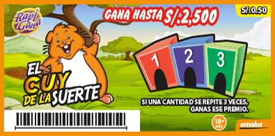 <b>CUY DE LA SUERTE - ¡Gana hasta S/. 2,500!</b><br>Si una cantidad se repite tres veces, ganas ese premio.<br/>Costo S/. 0.50