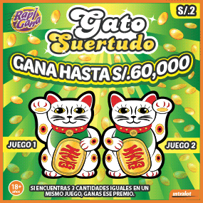 <b>GATO SUERTUDO - ¡Gana hasta S/. 60,000!</b><br>Si encuentras 3 cantidades iguales en un mismo juego, ganas ese premio.<br/>Costo S/. 2.00