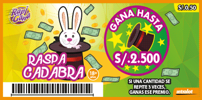 <b>RASPACADABRA - ¡Gana hasta S/. 2,500!</b><br>Si una cantidad se repite 3 veces, ganas ese premio.<br/>Costo S/. 0.50