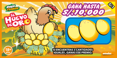<b>HUEVO DE ORO - ¡Gana hasta S/. 10,000!</b><br>Si encuentras 3 cantidades iguales, ganas ese premio.<br/>Costo S/. 1.00