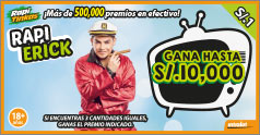 <b>ERICK RASPE - ¡Gana hasta S/. 10,000!</b><br>Si encuentras 3 cantidades iguales, ganas ese premio. Tienes hasta 18 diseños para escoger.<br/>Costo S/. 1.00