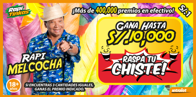 <b>RAPIMELCOCHA - ¡Gana hasta S/. 10,000 y diviértete con los chistes coleccionables!</b><br>Si encuentras 3 cantidades iguales, ganas el premio indicado. Tienes hasta 18 diseños para escoger.<br/>Costo S/. 1.00